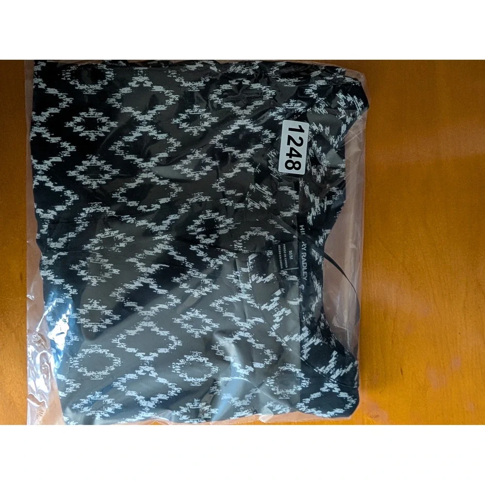 Hilary Radley Womens Black White Ikat Diamond Print Split Neck Blouse‎ Size Med